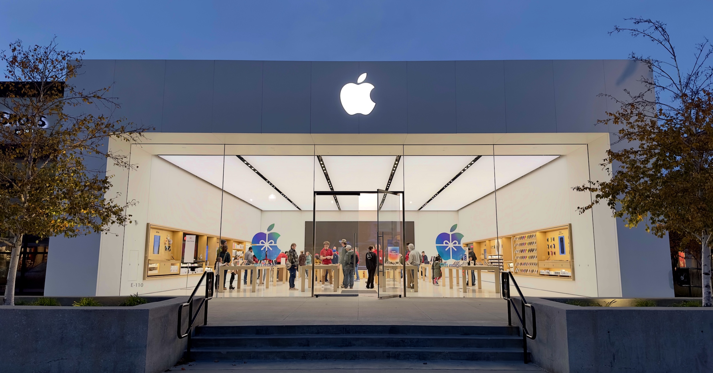 A typical outdoor Apple Store viewed from exactly in front, so as to emphasise the symmetry of the design. Customers and staff are visible inside. (📸 Declan M. Martin via Wikimedia Commons in the public domain, slightly cropped to fit publishing format.)
